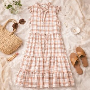 NWT Julia Jordan Plaid Midi Dress Tie Neck Ruffle Sleeve Tiered Size 6